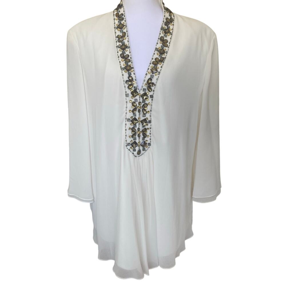 Tadashi Shoji Size 16 Top Ivory Beaded Rhinestone Crepe Flutter Sleeve NWOT